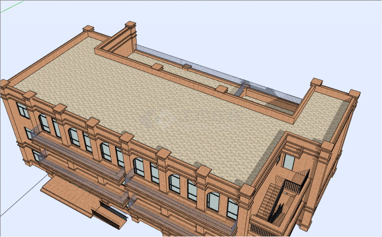 橘色墙面平顶三层建筑幼儿园su模型-图二