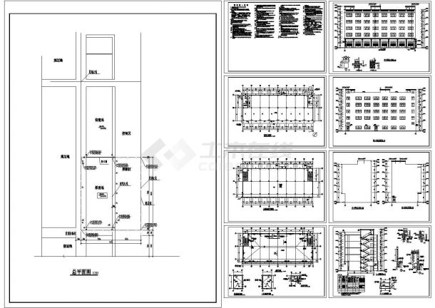 3414平方米5层框架结构工业厂房设计施工cad图，共九张-图一