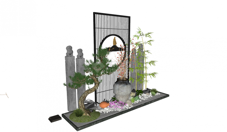 庭院竹子盆栽石柱组合景观su模型-图二