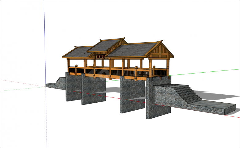 岩石作为桥梁基地+木梁制成的木亭的中式廊桥su模型-图一