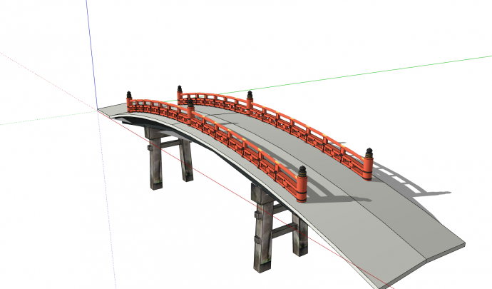 混凝土桥架红色栏杆中式桥su模型_图1