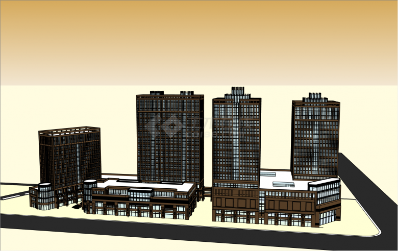 褐色中层欧式办公楼商业综合体su模型-图二