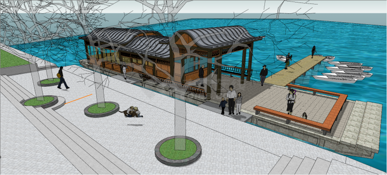 乡镇旅游区游船观光码头su模型-图二