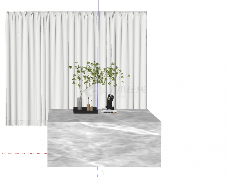 带白颜色窗帘的现代植物花瓶摆件su模型-图二