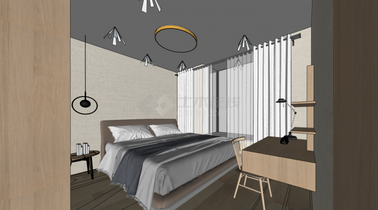 一件现代时尚风格的卧室su模型-图二