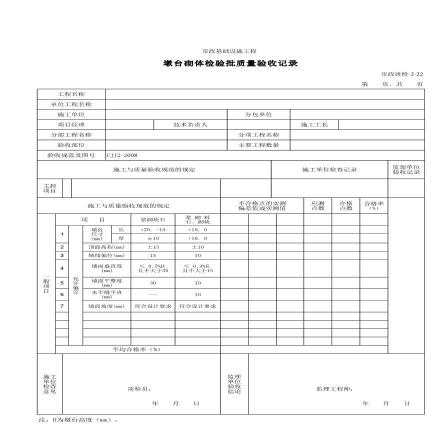 墩台砌体检验批质量验收记录-图一