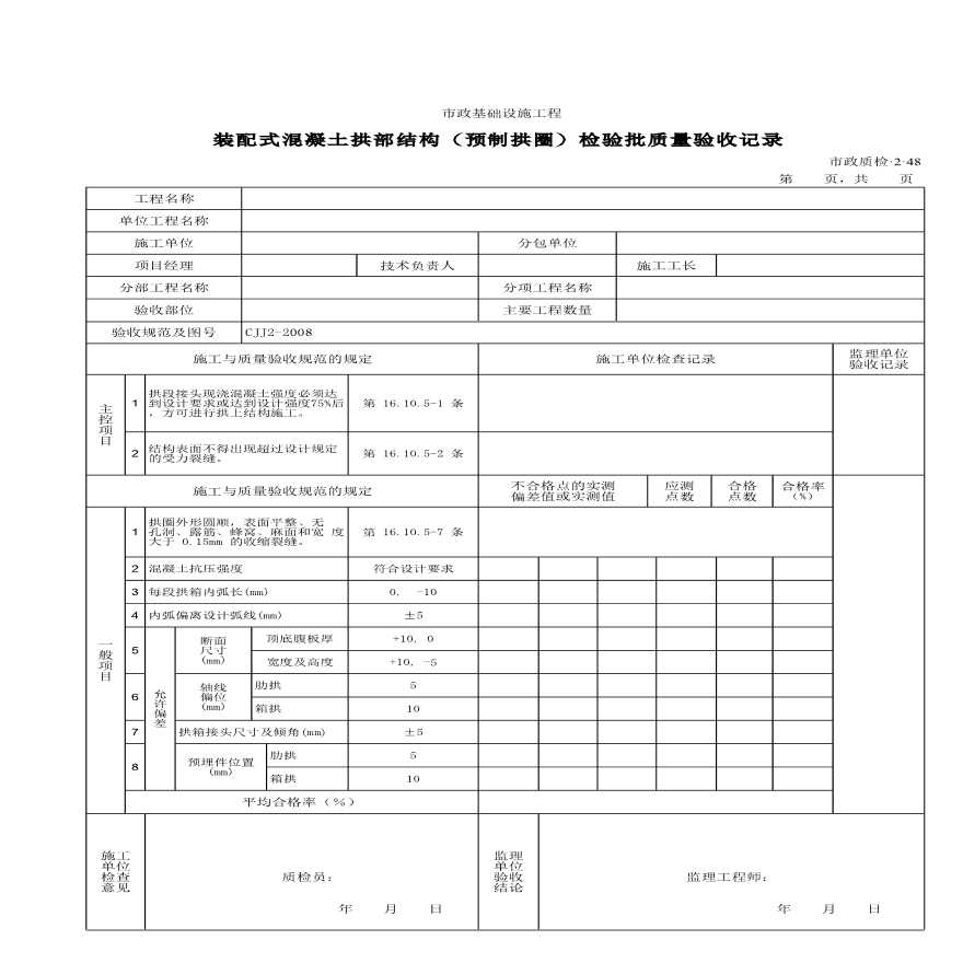 装配式混凝土拱部结构（预制拱圈）检验批质量验收记录-图一