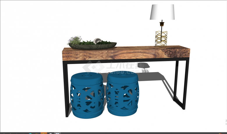 蓝色凳子棕色木制桌子摆设su模型-图一