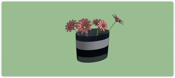 黑色椭圆花瓶粉色菊花室内植物su模型_图1