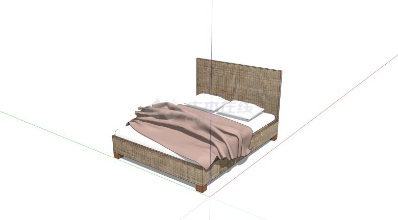 白色床垫木质床竹条包边大床su模型-图二