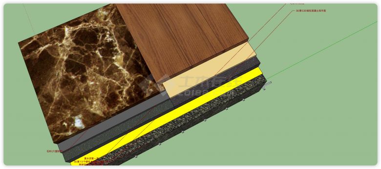 木地板与石材拼接效果石材与实木地板su模型-图二
