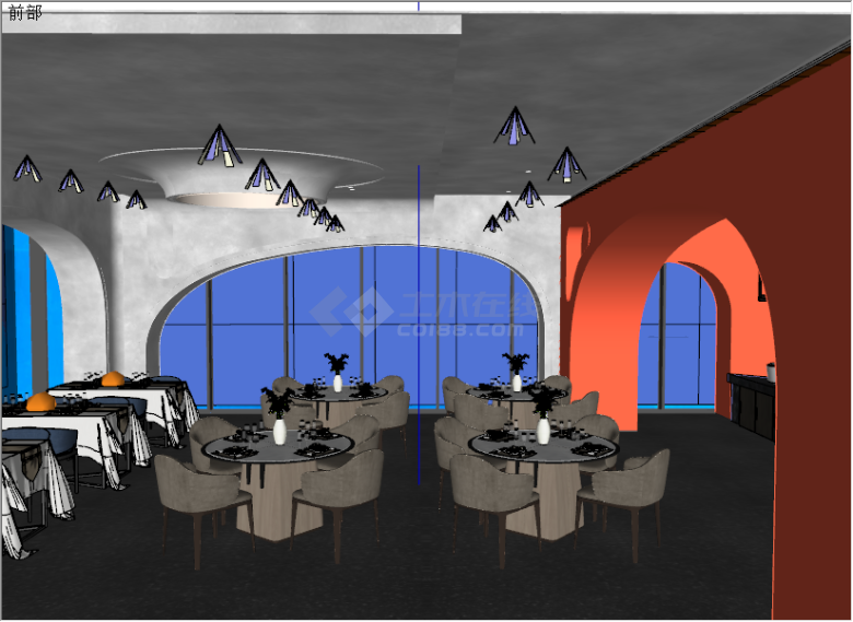 现代抽象创意蓝色桃红色海洋主题餐厅su模型-图一