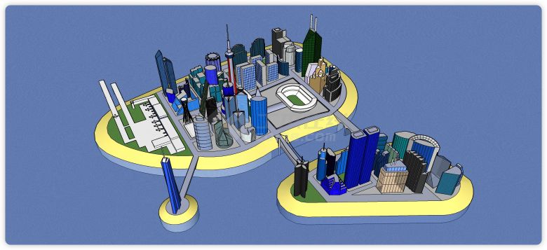 三个岛连接城市规划SU模型-图一