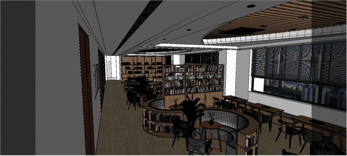 现代深色系图书阅览室一体化设计su模型_图1
