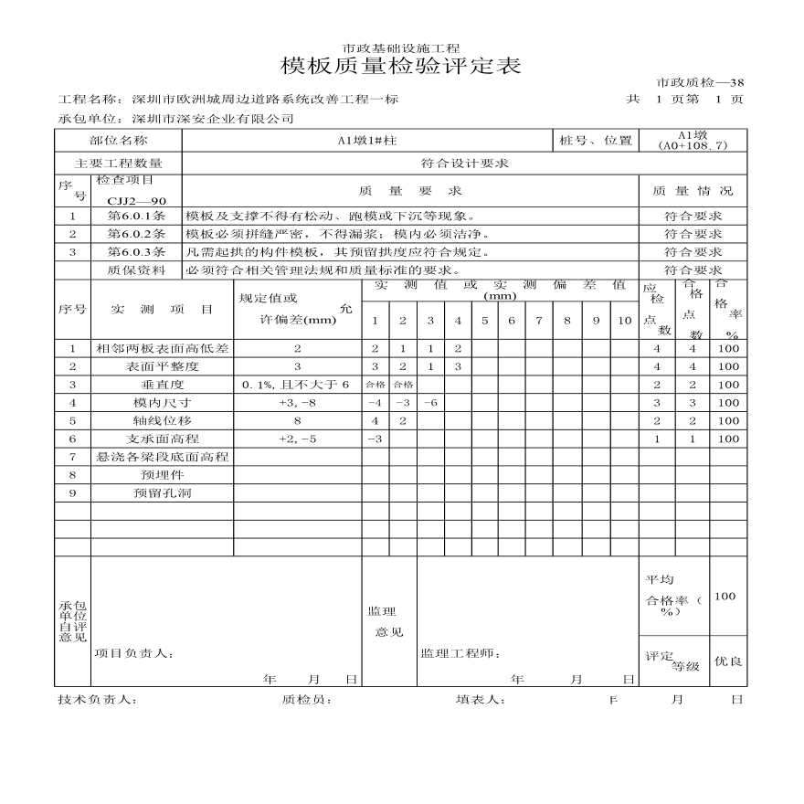 墩柱模板质量检验评定表