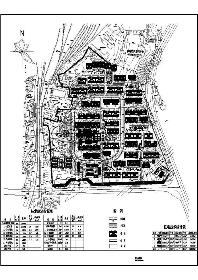 某规划总用地13.4966ha居住户数996户小区规划设计cad施工总平面图（含技术经济指标）_图1