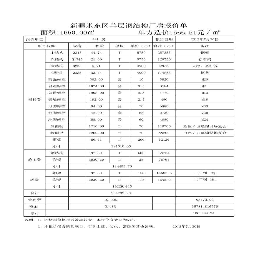 [新疆]单层钢结构厂房工程报价实例-图一