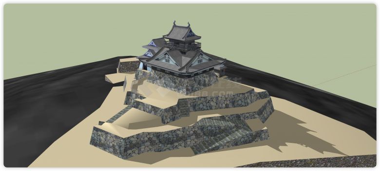 石头底座山上灰色屋顶古建筑su模型-图二