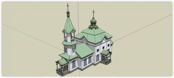 绿色屋顶白色主体教堂外国古典建筑su模型_图1