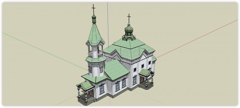 绿色屋顶白色主体教堂外国古典建筑su模型-图一