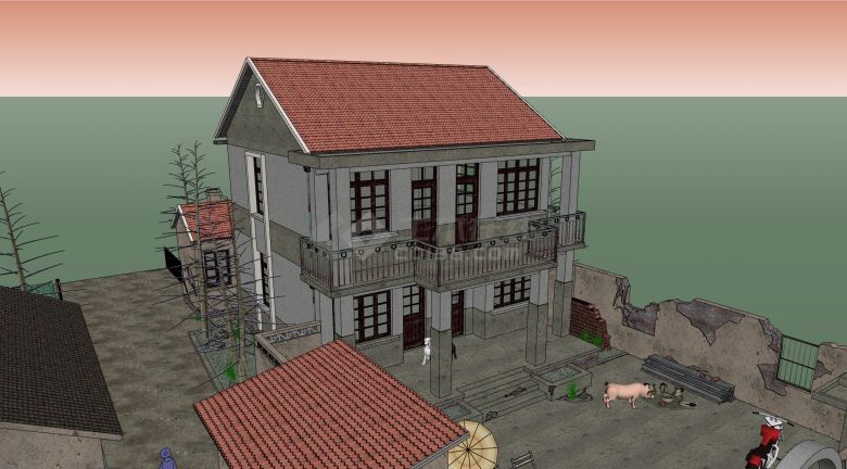 双层砖混结构红色琉璃瓦屋顶新农村住宅su模型-图一