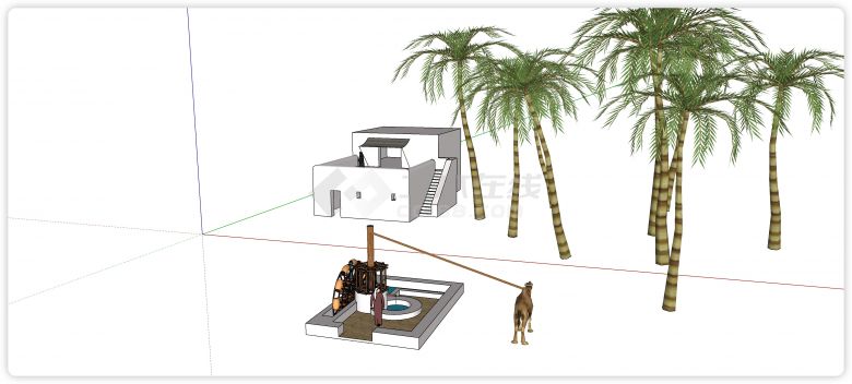 椰林骆驼水车白色房子su模型-图二