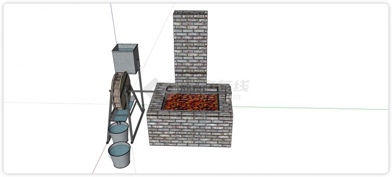 砖结构井口木结构水车su模型-图二