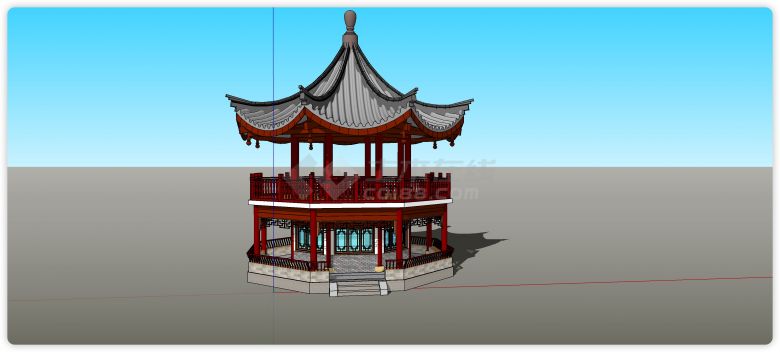 灰色尖顶红色木结构八角亭su模型-图一
