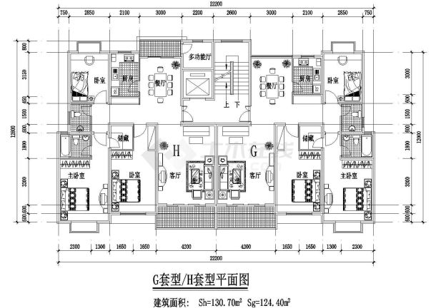 板式高层一梯两户户型设计CAD图-图一