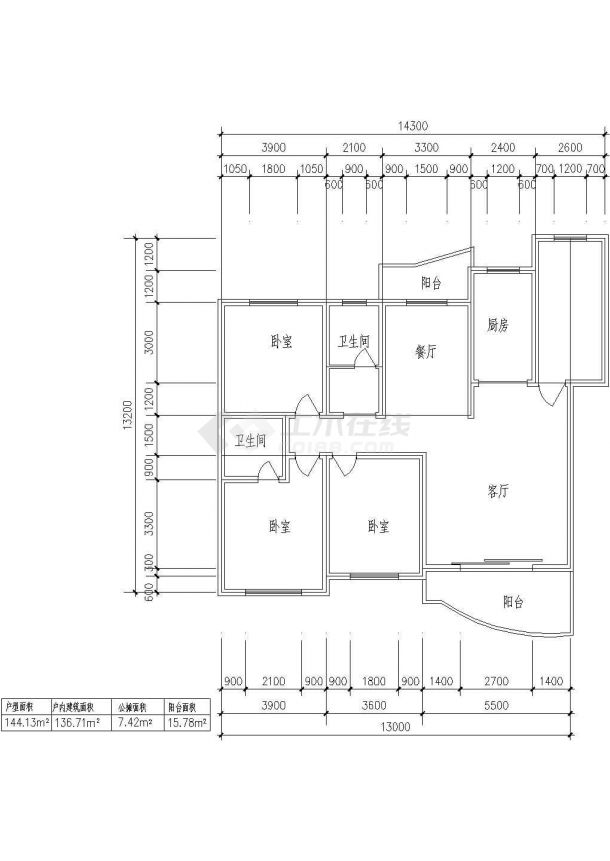 板式多层单户三室一厅二卫户型设计图-图二