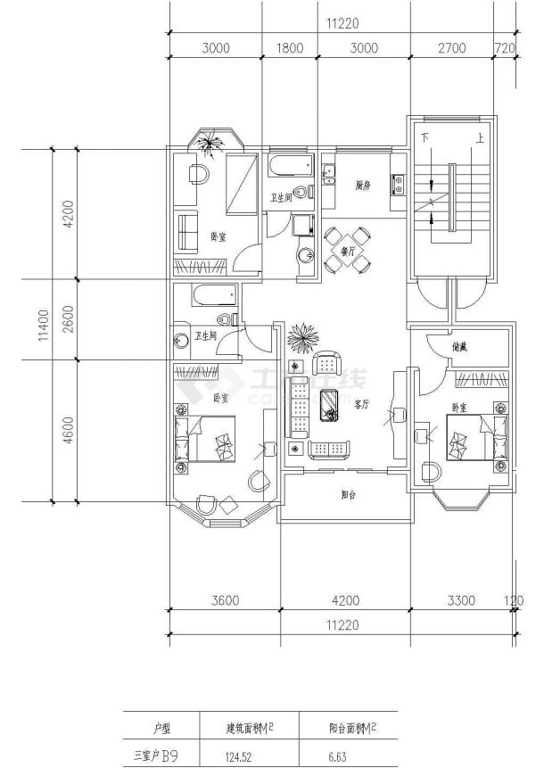 板式高层三室一厅单户户型设计图-图二