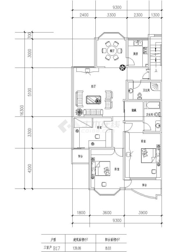板式多层一梯两户三室一厅二卫户型设计CAD图-图一