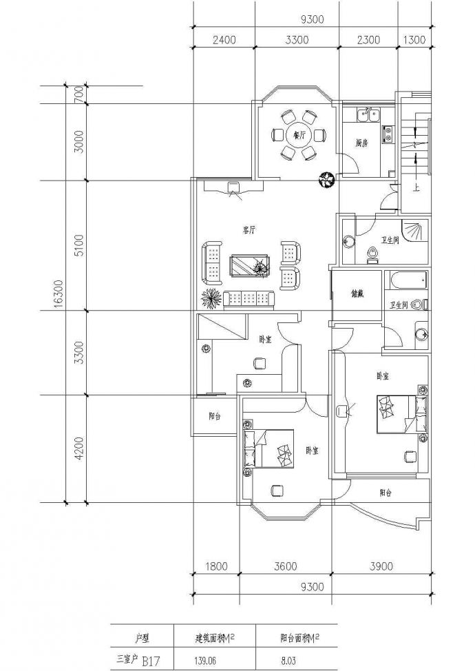 板式多层一梯两户三室一厅二卫户型设计CAD图_图1