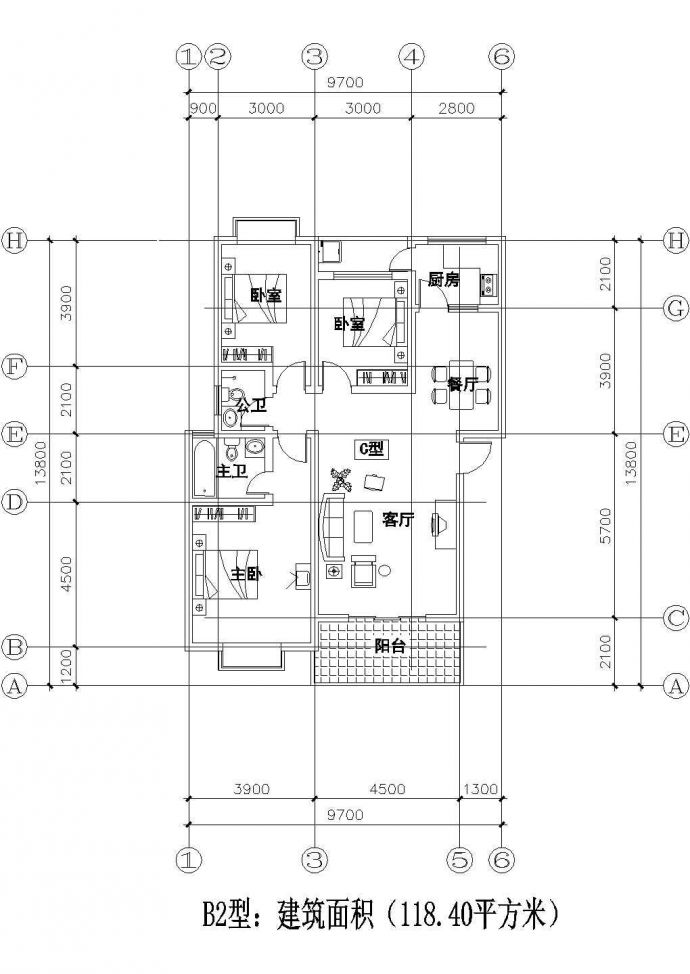 板式多层单户三室一厅二卫户型设计CAD图_图1