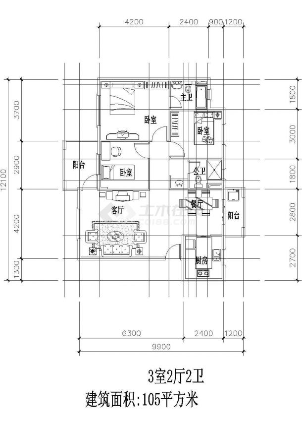 板式多层单户三室二厅二卫户型设计CAD图-图二