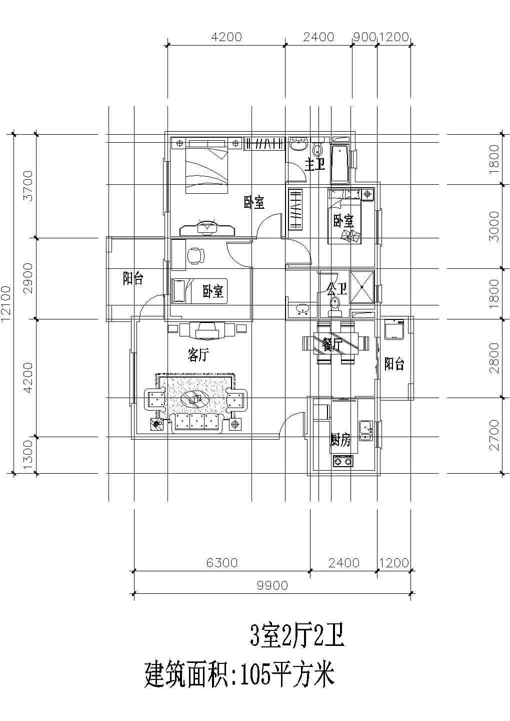 板式多层单户三室二厅二卫户型设计CAD图