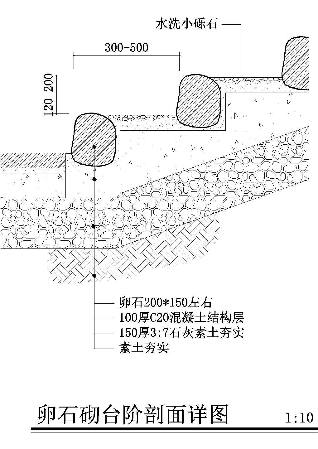 卵石砌台阶剖面结构CAD示意图