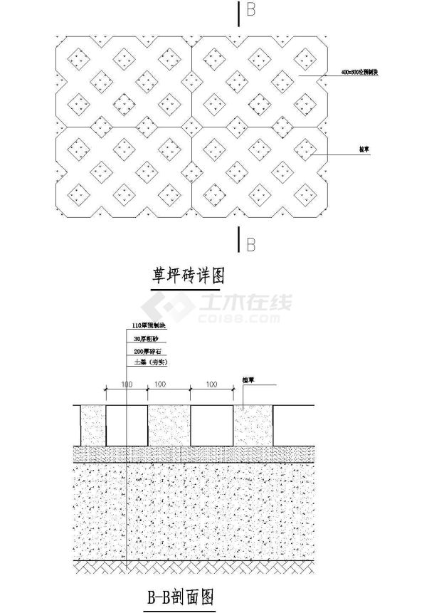 本工程为某公园草坪砖铺装详图,包含平面,剖面,土基等,图纸内容完整