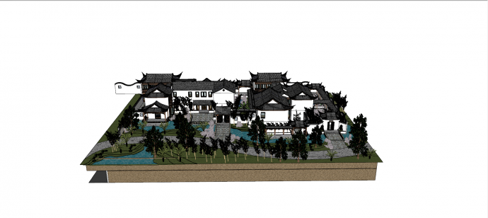 一组苏式园林黑瓦白墙别墅设计su模型_图1