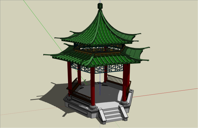 中式风格绿顶六角重檐亭子su模型_图1