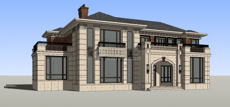 双层带有大露天阳台和大窗户的别墅su模型-图二