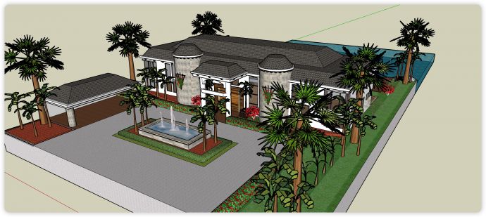 两层白色主体前院喷水池别墅豪宅su模型_图1