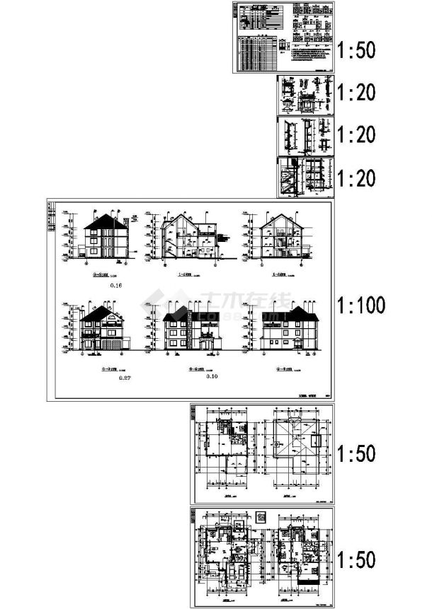 三层11.50&15.98米别墅施工CAD图，包含效果图及说明、建筑节能能登记表-图一