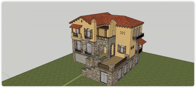 拱形窗文化砖黄色主体西班牙别墅单体su模型-图一