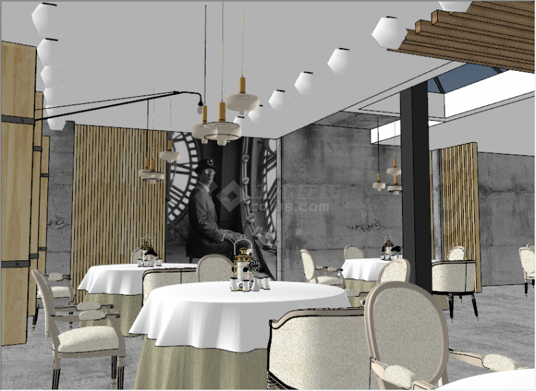 英伦风格浪漫优雅民宿室内餐厅宴会厅su模型-图二