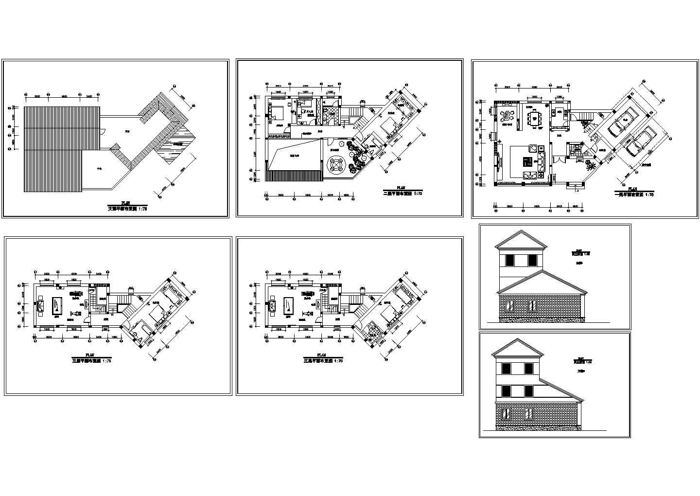 12套三层现代风格别墅建筑施工cad图，共七张