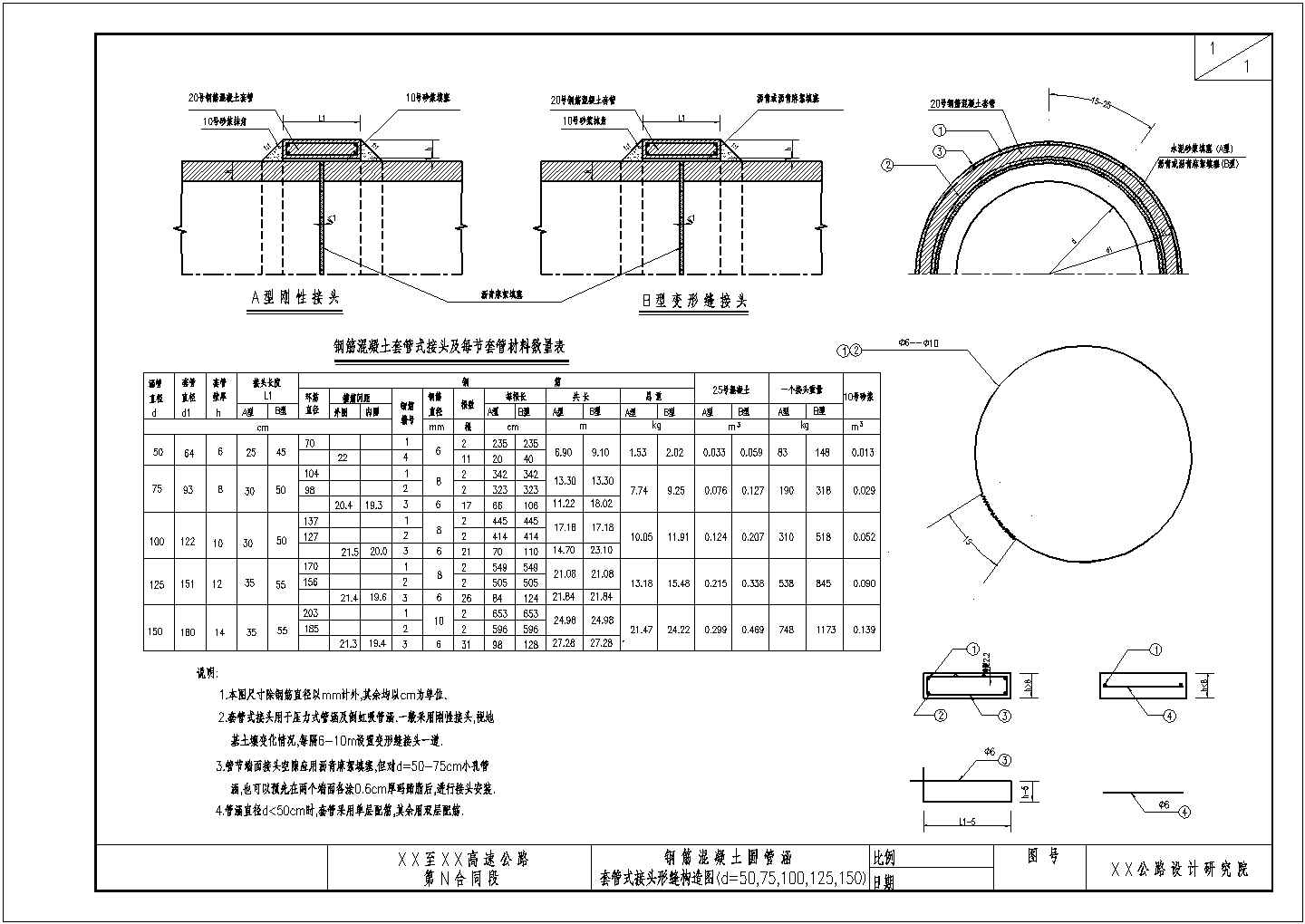 钢筋混凝土圆管涵套管式接头及变形缝构造图设计