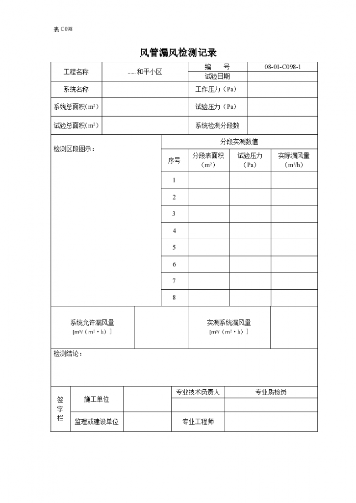 送排风系统风管与配件制作风管漏风检测记录-图一