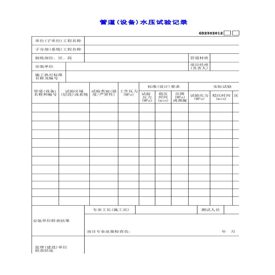 建筑设备安装工程管道(设备)水压试验记录-图一