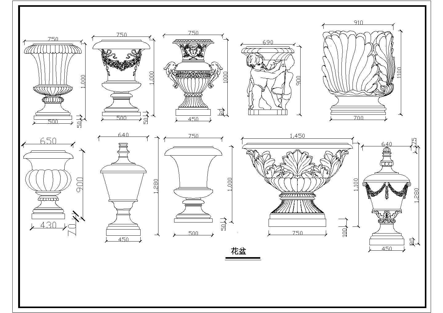 某花盆CAD造型喷泉及花盆造型大样图
